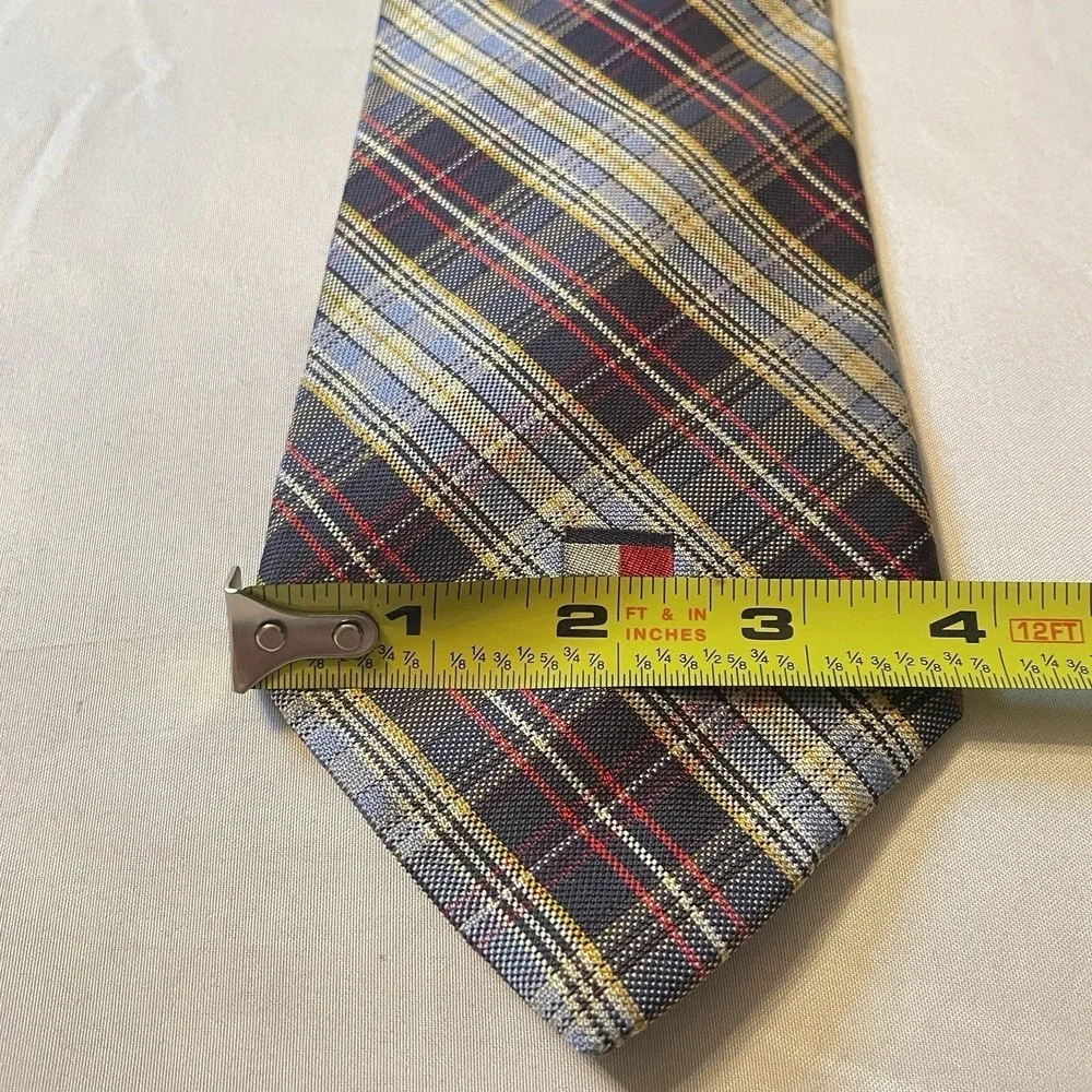 Tommy Hilfiger Plaid Silk Necktie Mens One Size Navy Yellow Check Business Tie